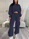 R-Neck Cropped Sweatshirt Pocket Baggy Sweatpants Set
