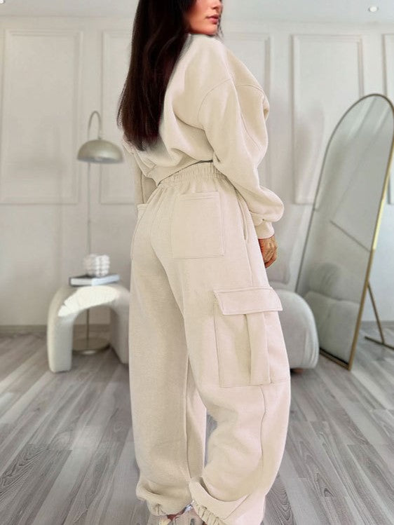 R-Neck Cropped Sweatshirt Pocket Baggy Sweatpants Set
