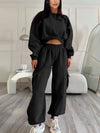 R-Neck Cropped Sweatshirt Pocket Baggy Sweatpants Set
