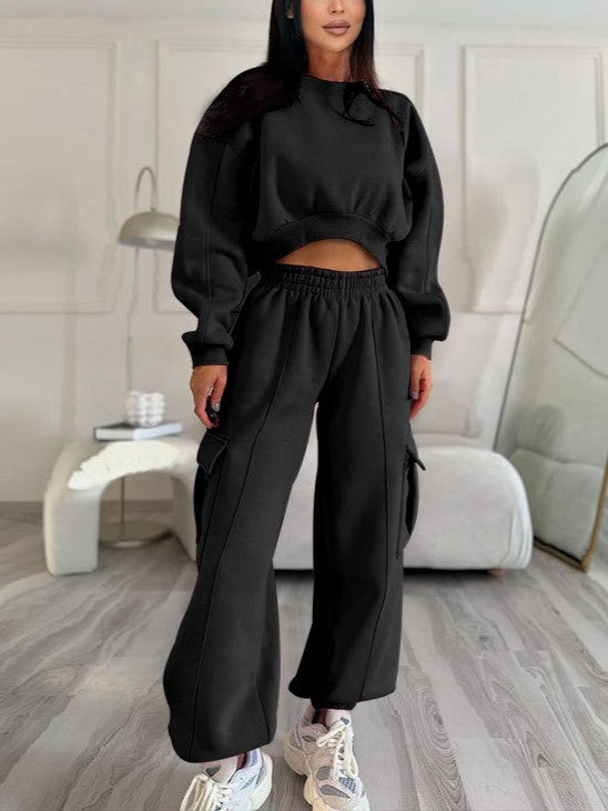 R-Neck Cropped Sweatshirt Pocket Baggy Sweatpants Set